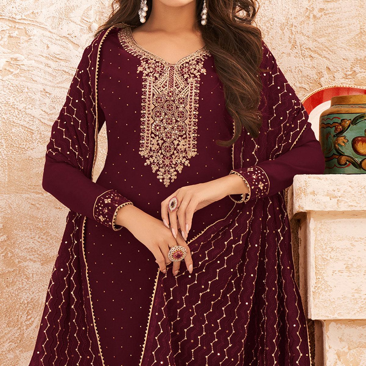 Maroon Sequins Embroidered Real Georgette Partywear Suit