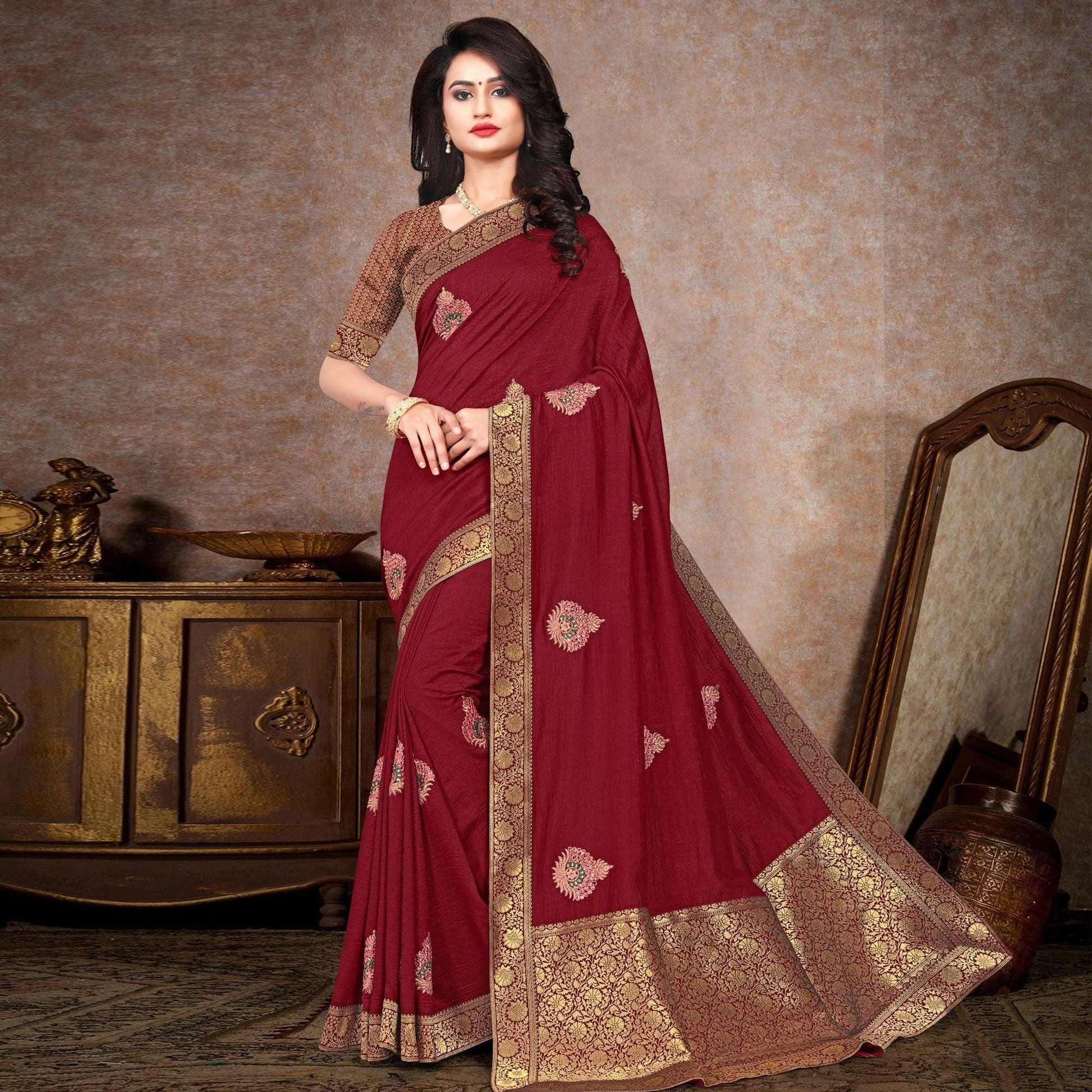 Maroon Sequins Embroidered Vichitra Silk Saree