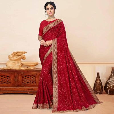 Maroon Sequins Embroidered Vichitra Silk Saree