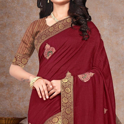 Maroon Sequins Embroidered Vichitra Silk Saree