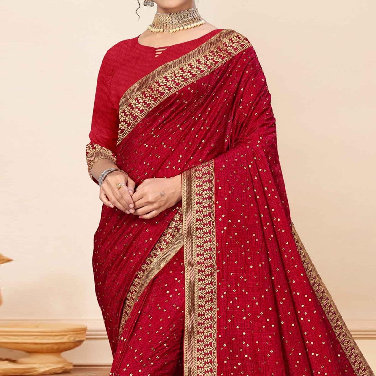 Maroon Sequins Embroidered Vichitra Silk Saree
