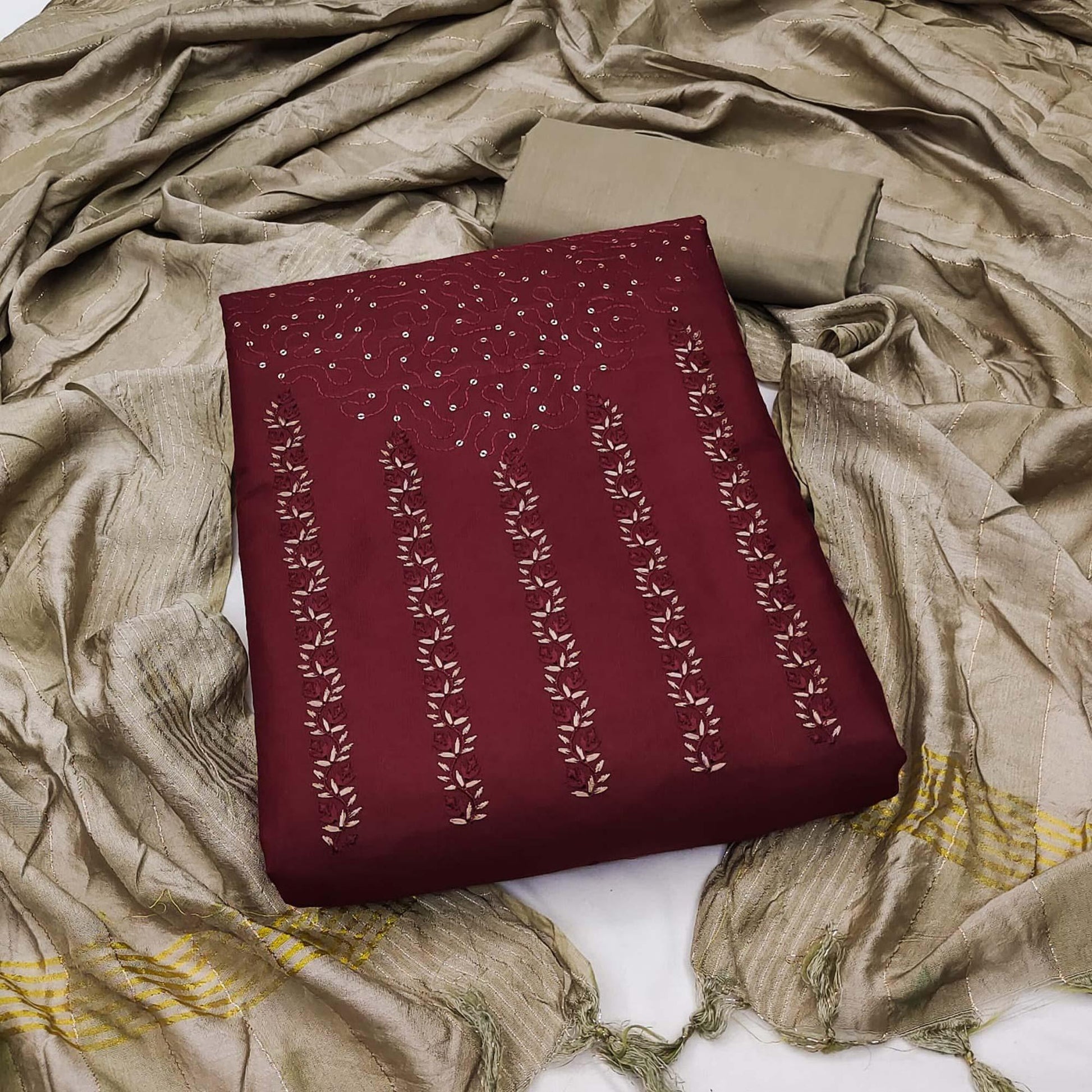 Maroon Sequins Floral Embroidered Pure Cotton Dress Material