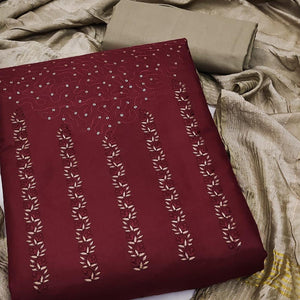 Maroon Sequins Floral Embroidered Pure Cotton Dress Material