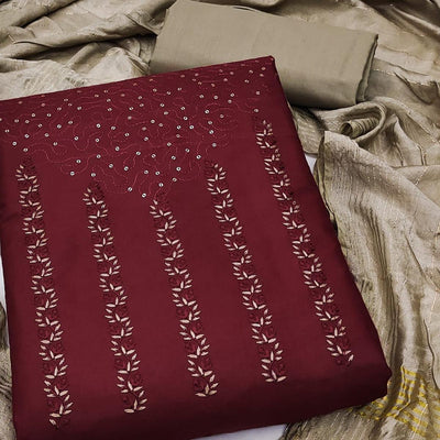 Maroon Sequins Floral Embroidered Pure Cotton Dress Material