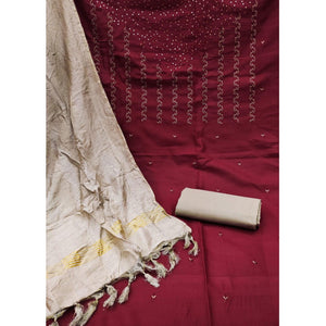 Maroon Sequins Floral Embroidered Pure Cotton Dress Material