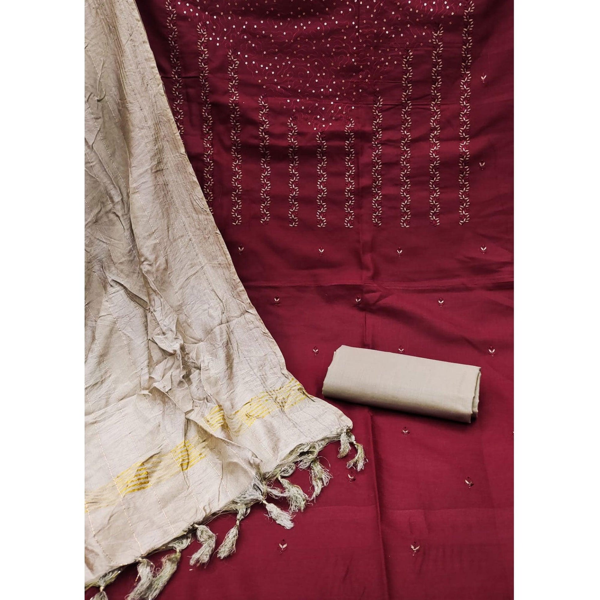 Maroon Sequins Floral Embroidered Pure Cotton Dress Material