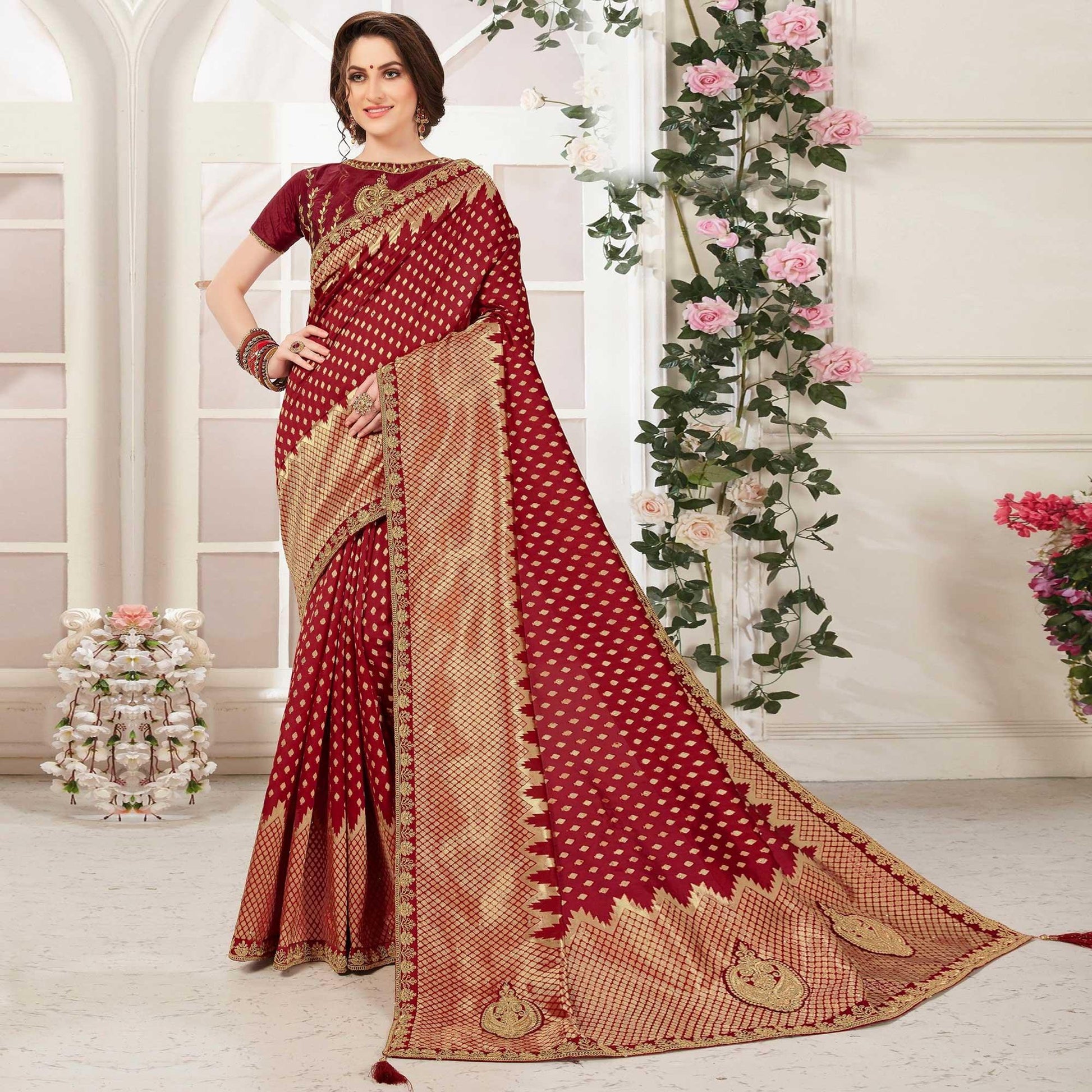 Maroon Sequins With Woven Banarasi Silk Saree