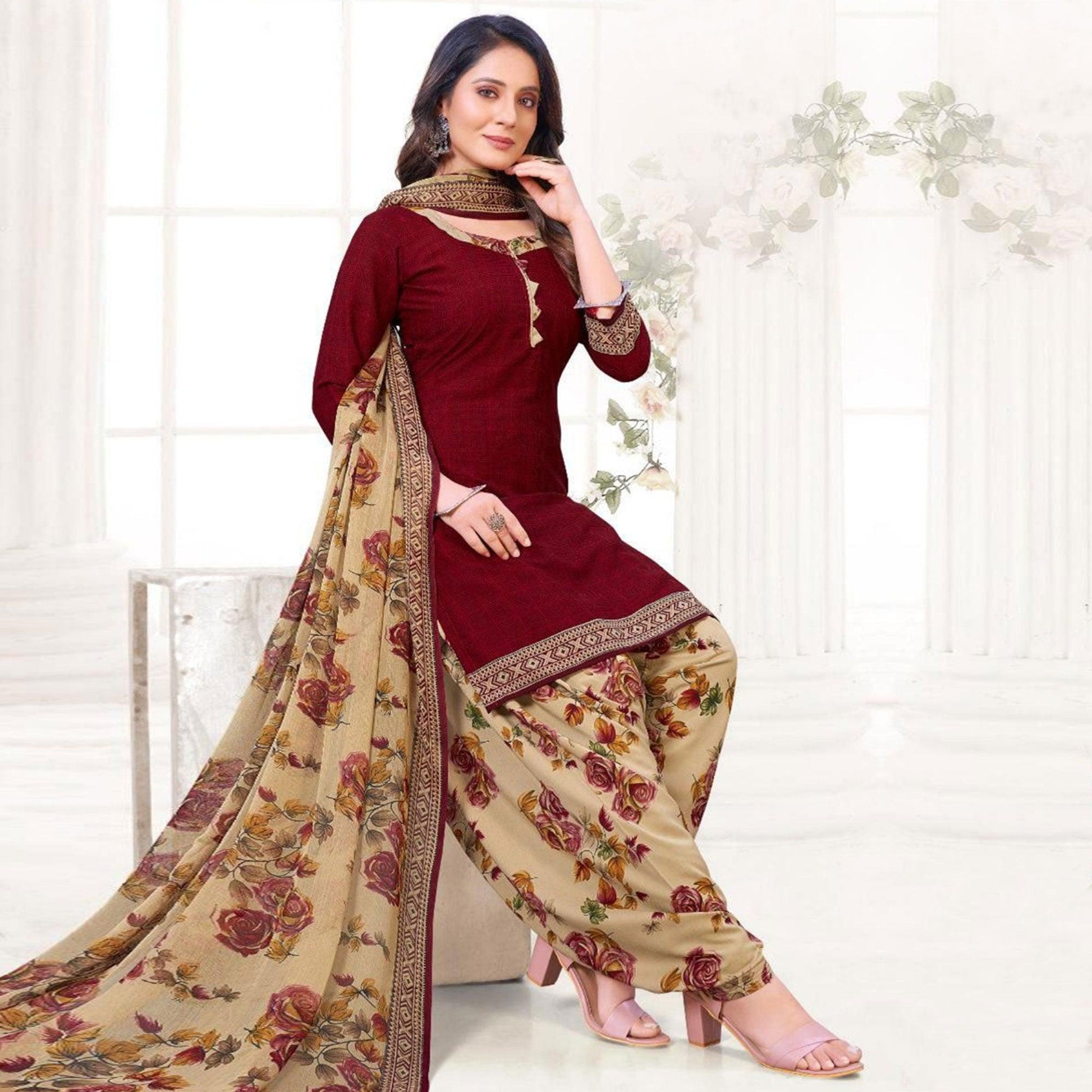 Maroon Solid Crepe Patiala Dress Material