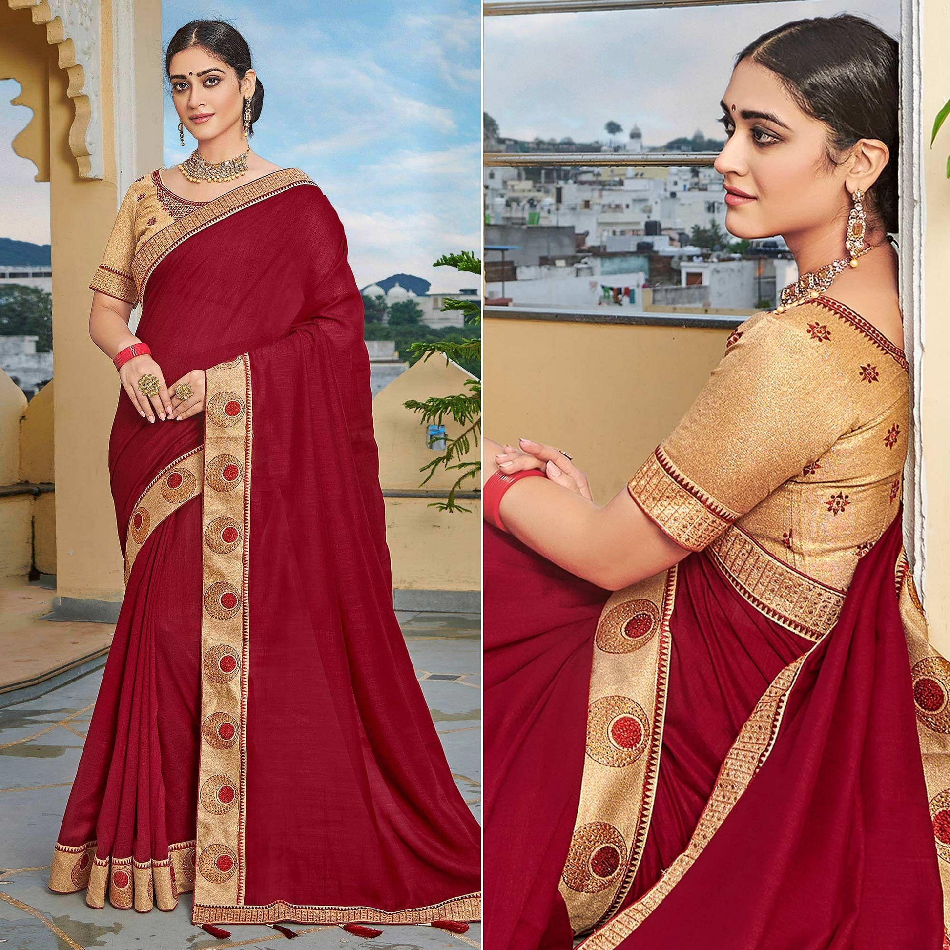 Maroon Solid-Embroidered Border Vichitra Silk Saree With Tassels