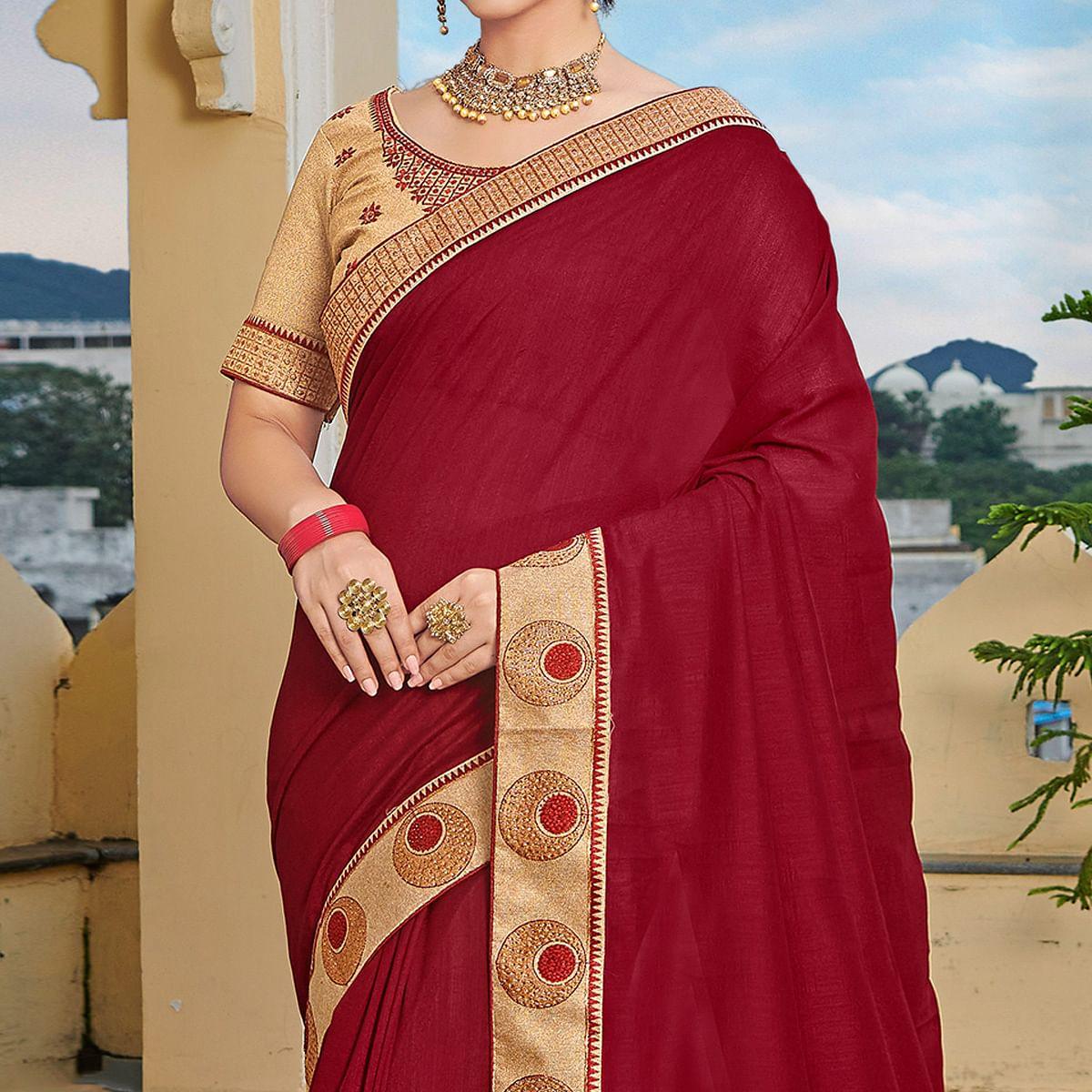 Maroon Solid-Embroidered Border Vichitra Silk Saree With Tassels