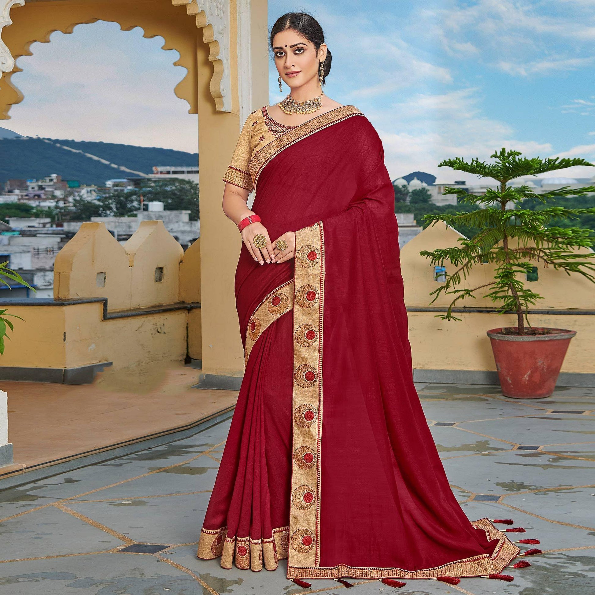 Maroon Solid-Embroidered Border Vichitra Silk Saree With Tassels