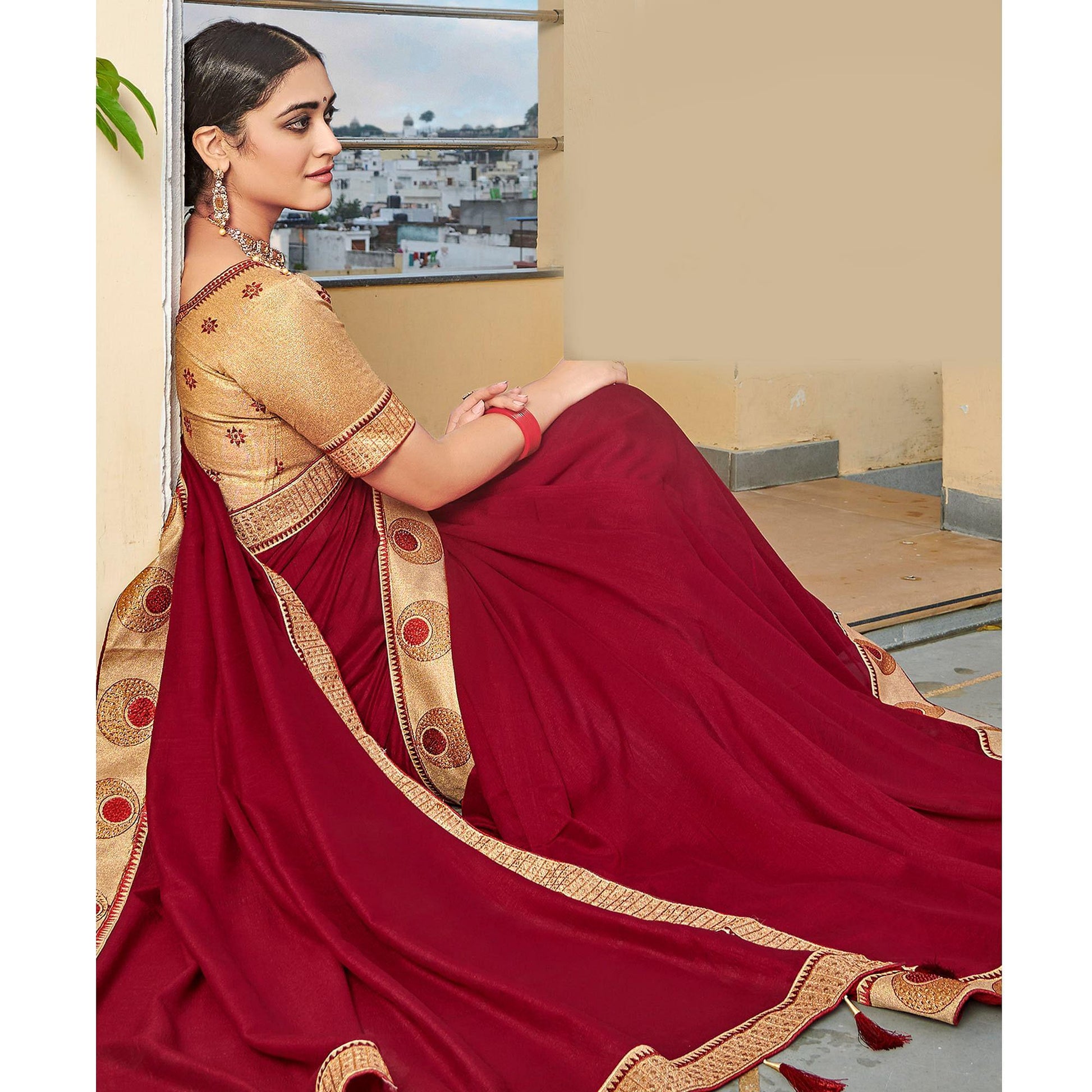 Maroon Solid-Embroidered Border Vichitra Silk Saree With Tassels