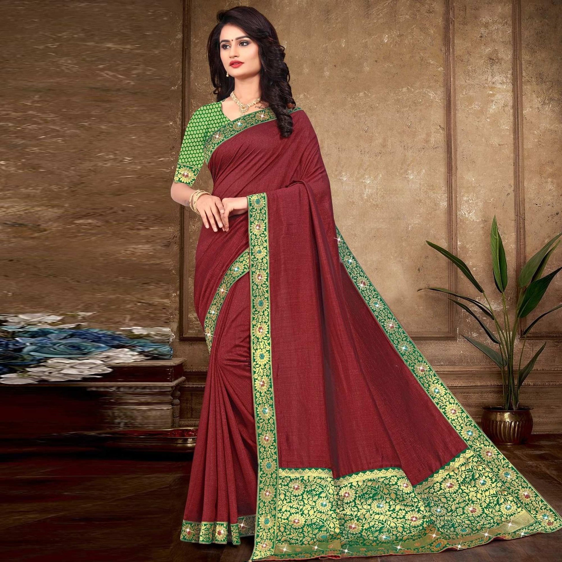 Maroon Solid Vichitra Silk Saree