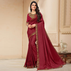 Maroon Solid Vichitra Silk Saree