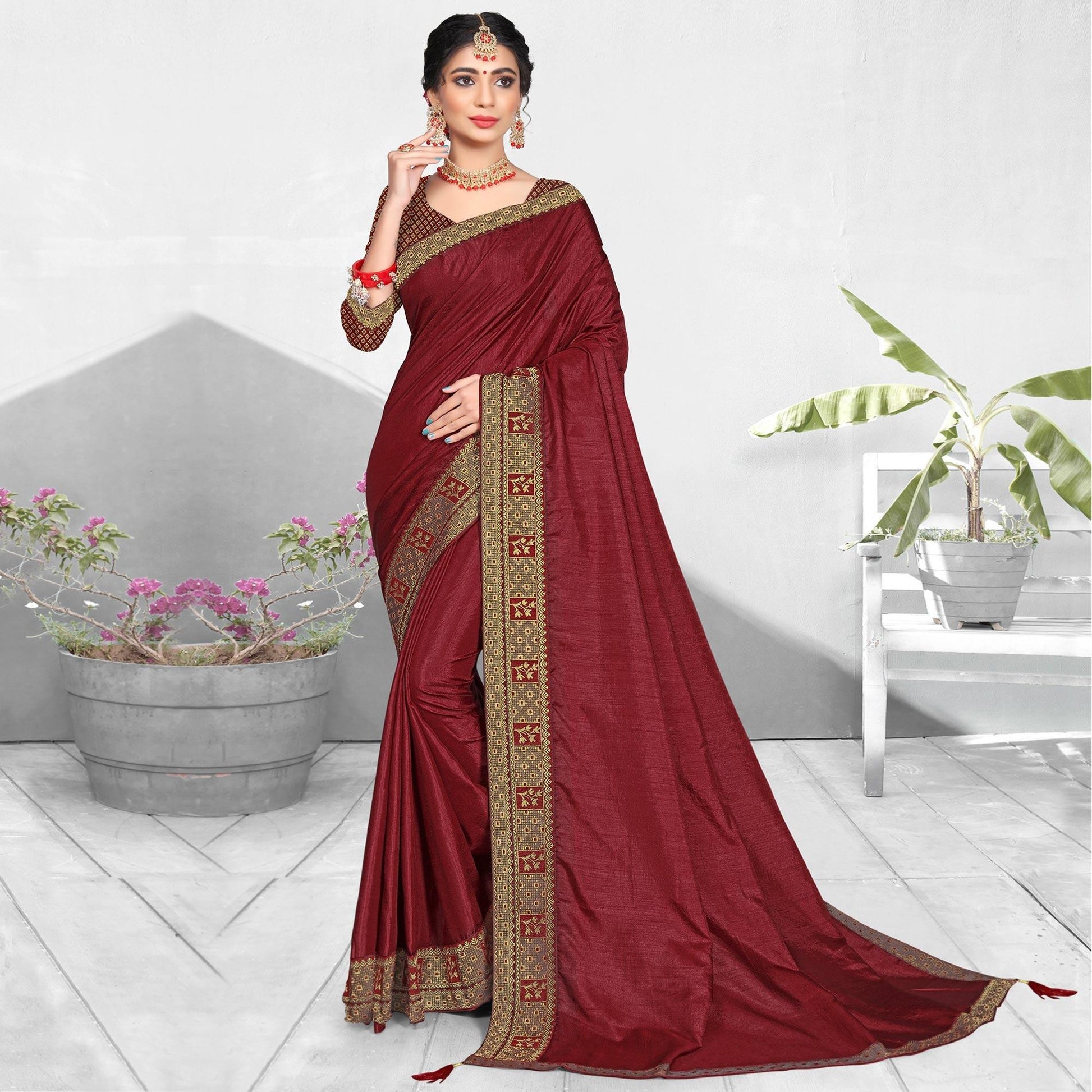 Maroon Solid Vichitra Silk Saree