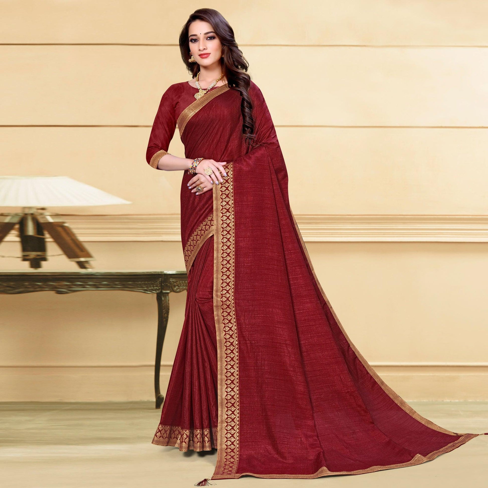 Maroon Solid Vichitra Silk Saree