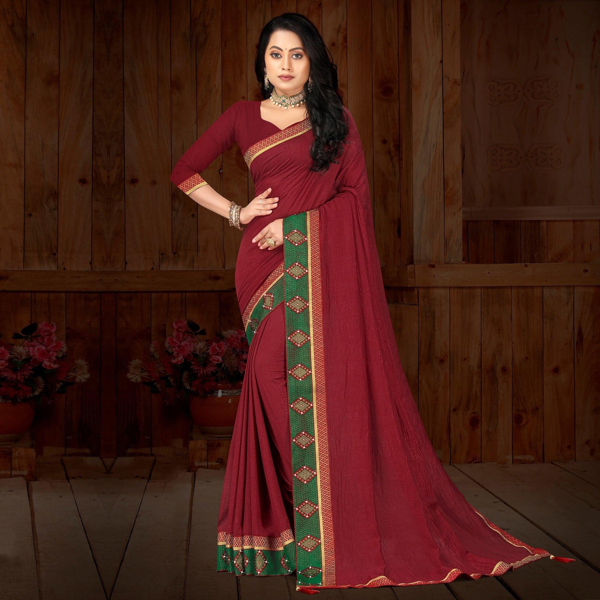 Maroon Solid Vichitra Silk Saree