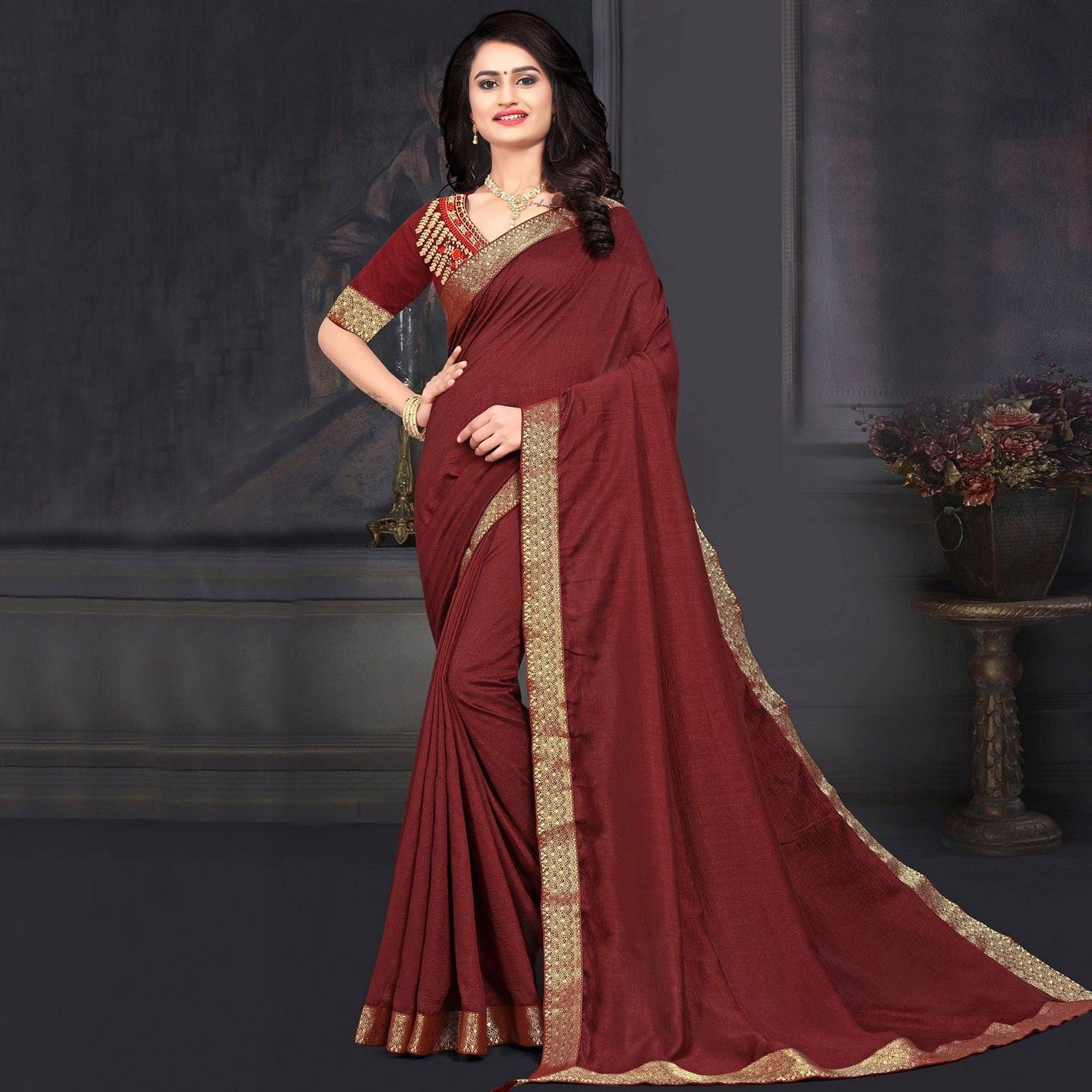 Maroon Solid Vichitra Silk Saree