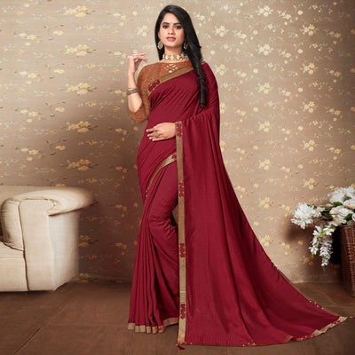 Maroon Solid Vichitra Silk Saree