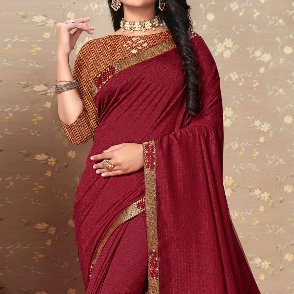 Maroon Solid Vichitra Silk Saree