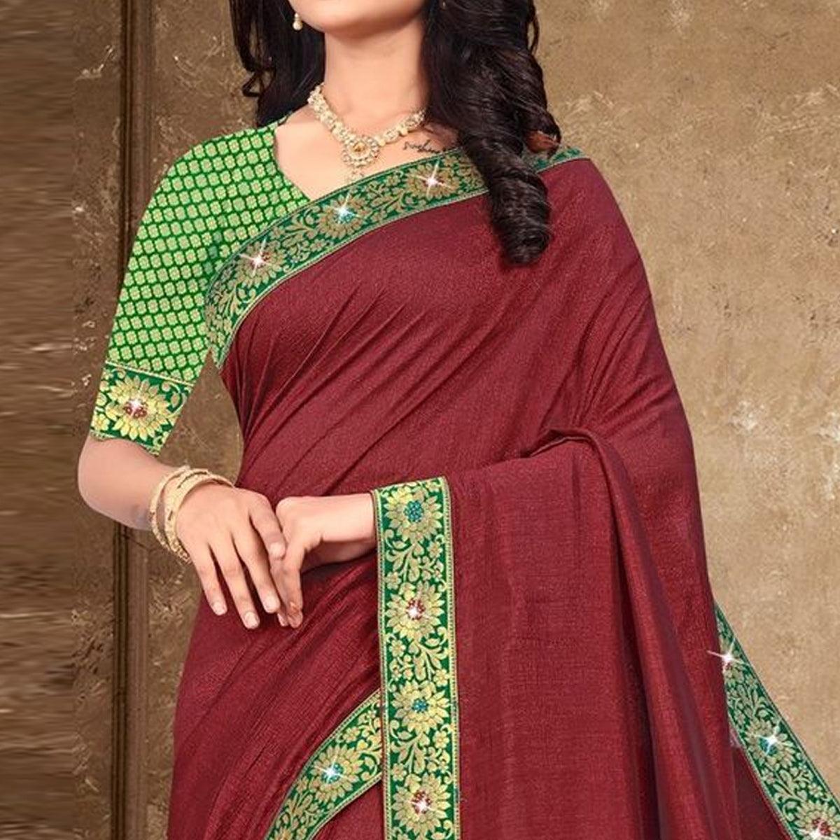 Maroon Solid Vichitra Silk Saree