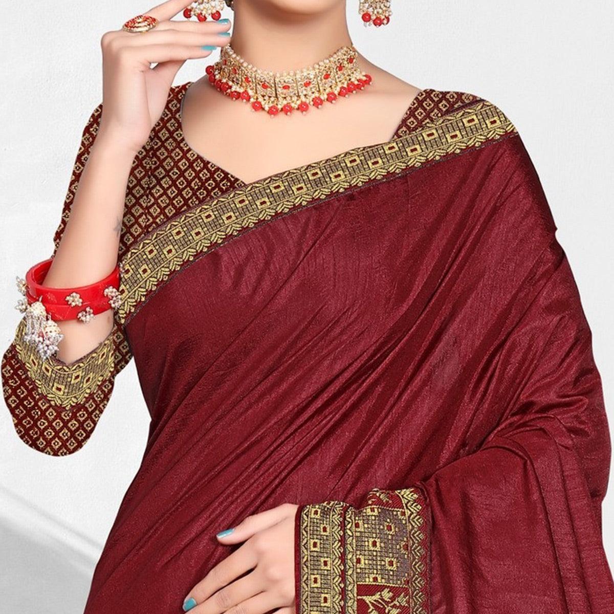 Maroon Solid Vichitra Silk Saree