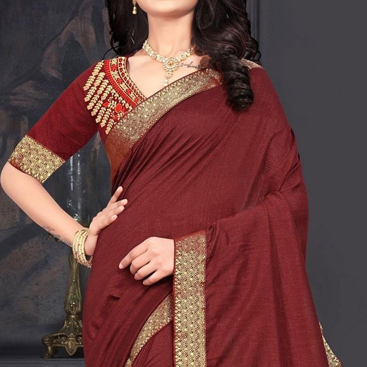 Maroon Solid Vichitra Silk Saree