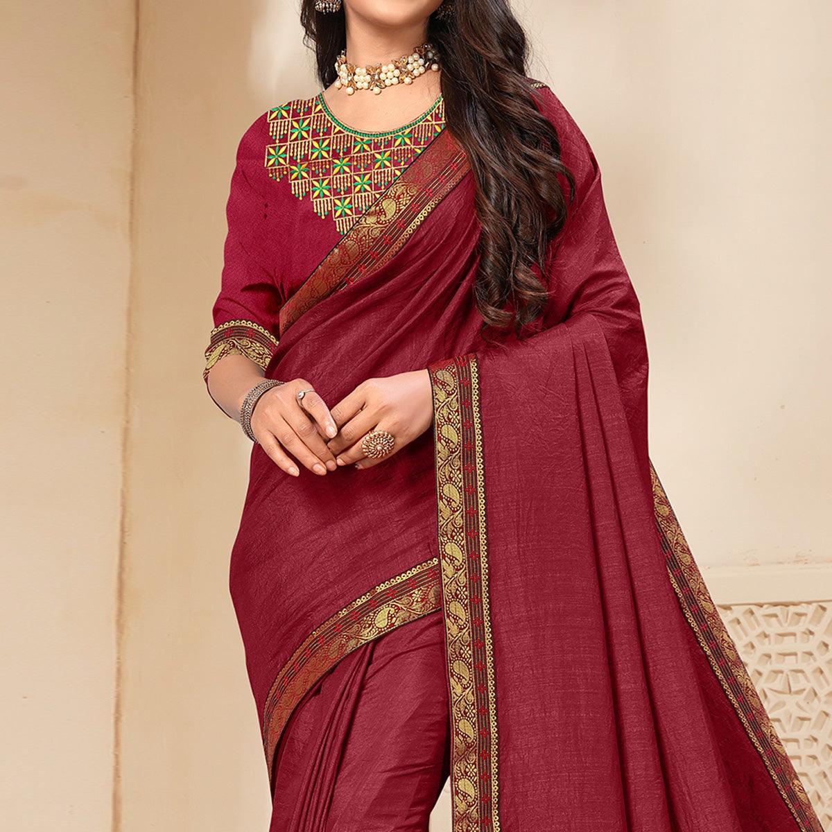 Maroon Solid Vichitra Silk Saree