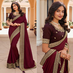 Maroon Solid Vichitra Silk Saree With Tassels