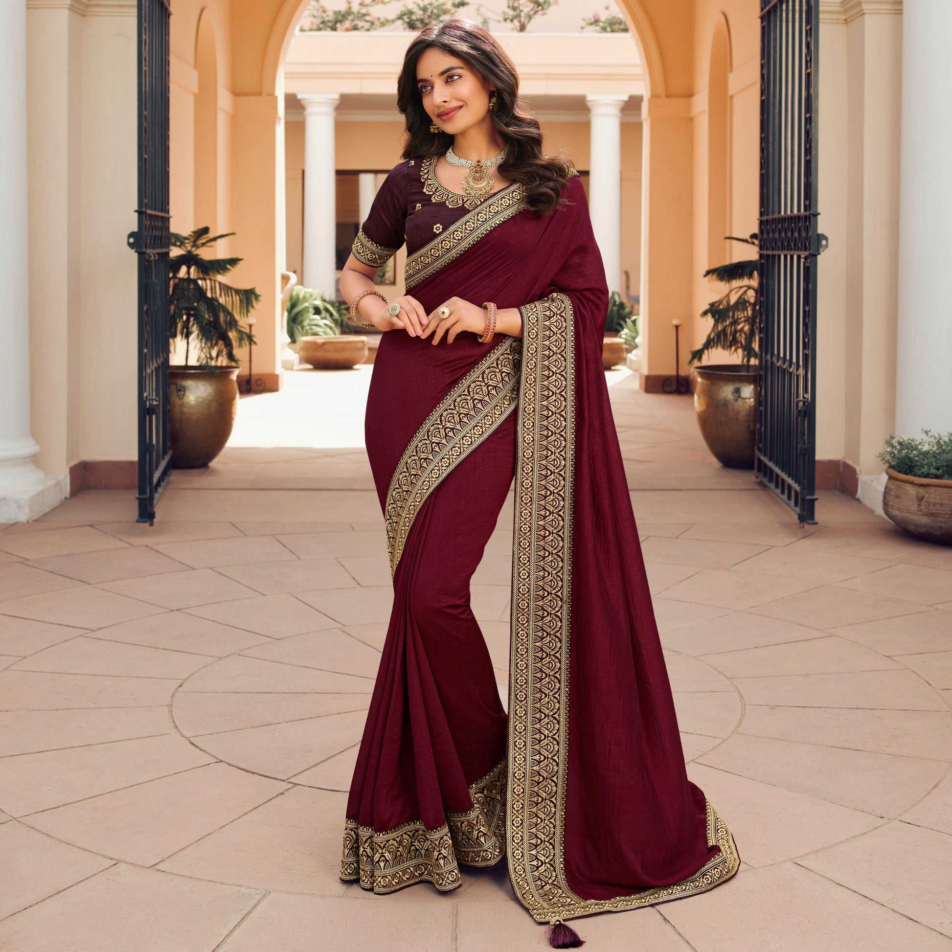 Maroon Solid Vichitra Silk Saree With Tassels