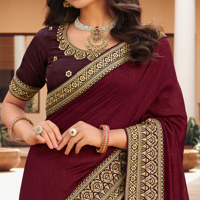 Maroon Solid Vichitra Silk Saree With Tassels