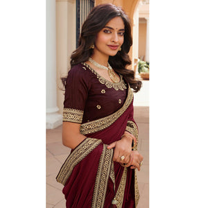 Maroon Solid Vichitra Silk Saree With Tassels