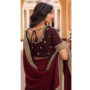 Maroon Solid Vichitra Silk Saree With Tassels