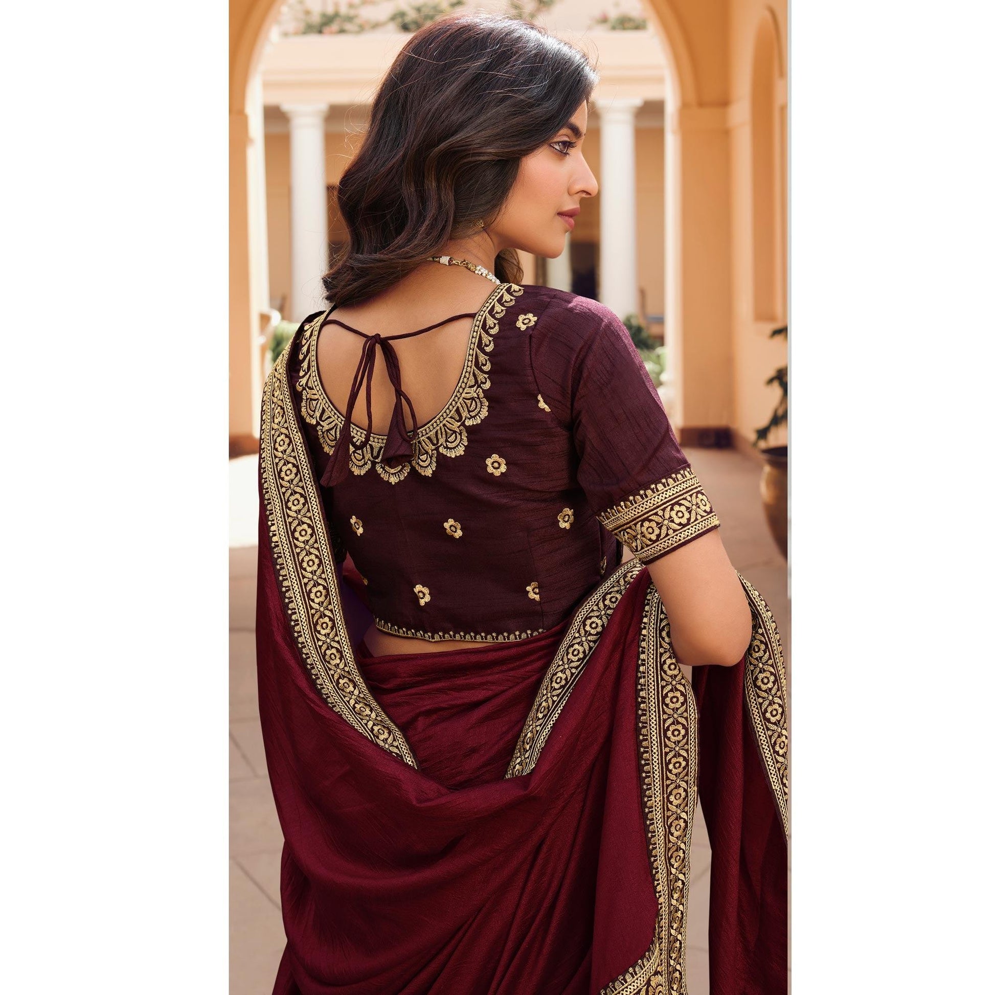 Maroon Solid Vichitra Silk Saree With Tassels