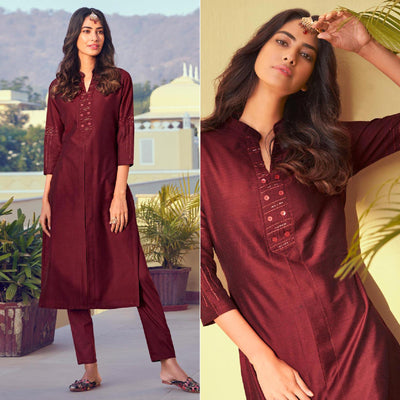 Maroon Solid Viscose Kurti Pant Set