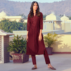 Maroon Solid Viscose Kurti Pant Set