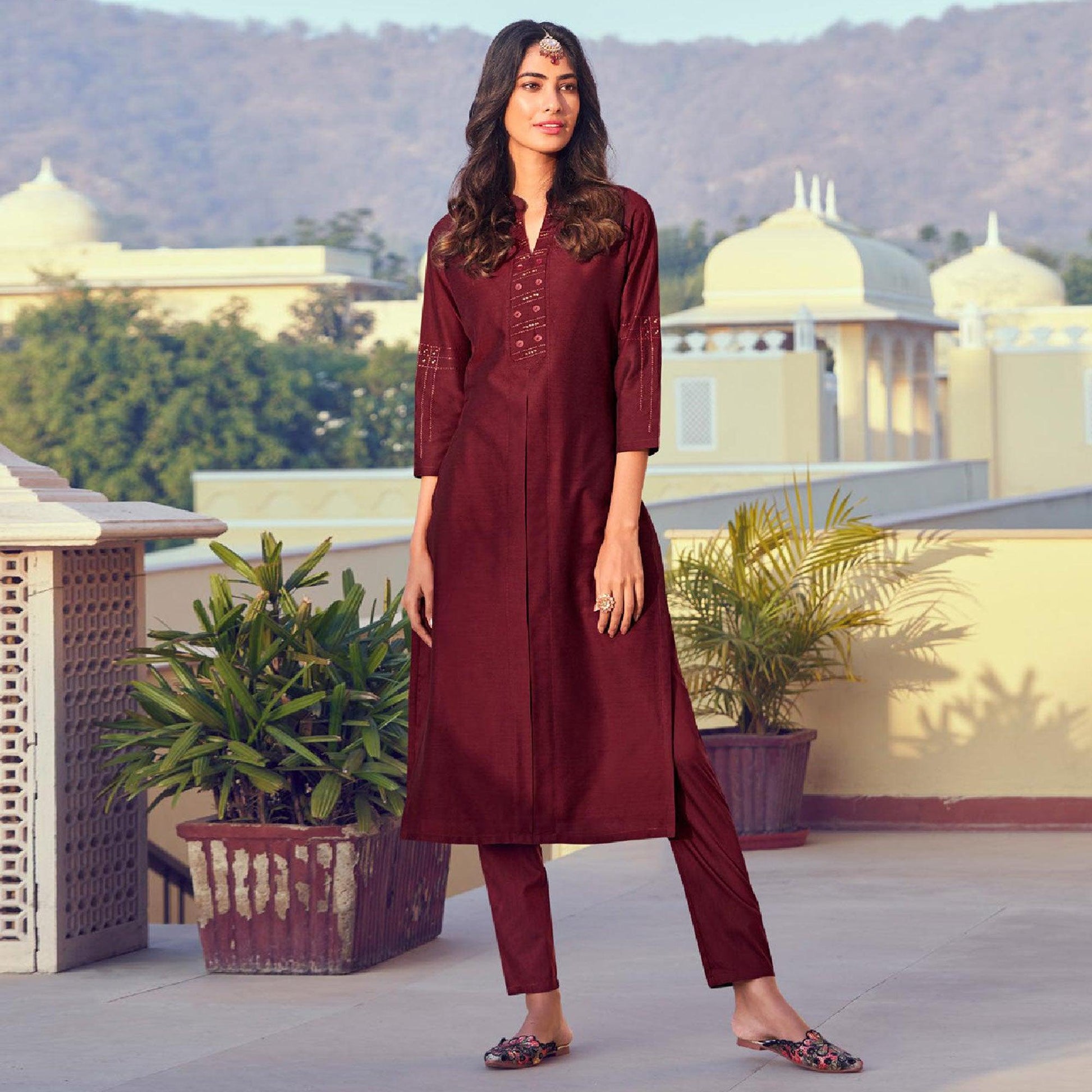 Maroon Solid Viscose Kurti Pant Set