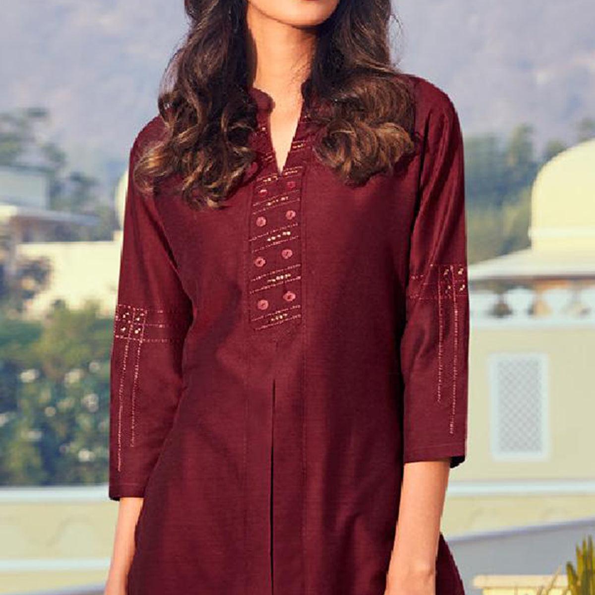 Maroon Solid Viscose Kurti Pant Set