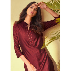 Maroon Solid Viscose Kurti Pant Set