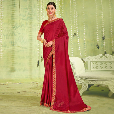 Maroon Solid With Fancy Border Vichitra Silk Saree