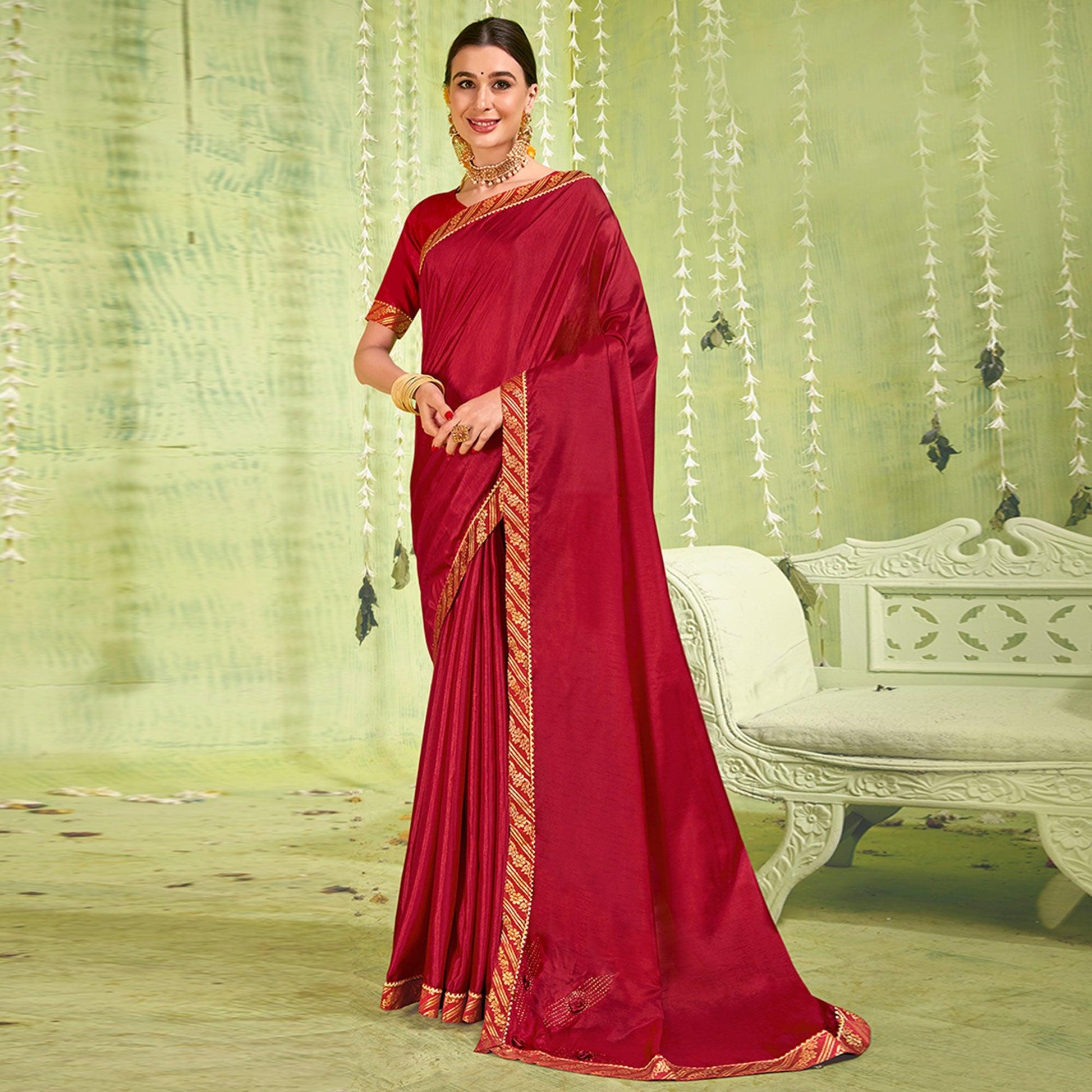 Maroon Solid With Fancy Border Vichitra Silk Saree