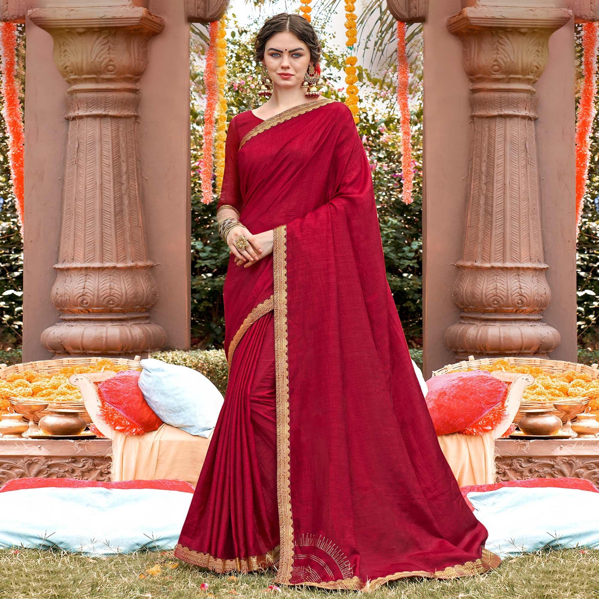 Maroon Solid With Fancy Border Vichitra Silk Saree