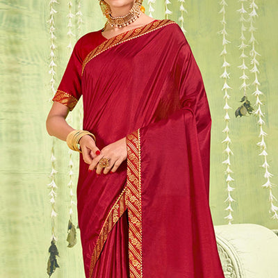 Maroon Solid With Fancy Border Vichitra Silk Saree