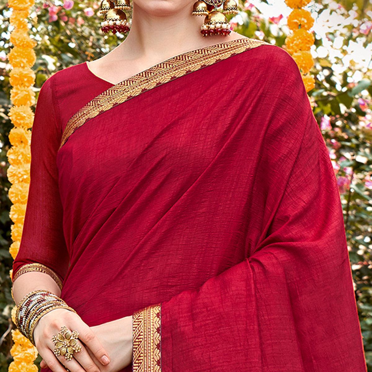 Maroon Solid With Fancy Border Vichitra Silk Saree