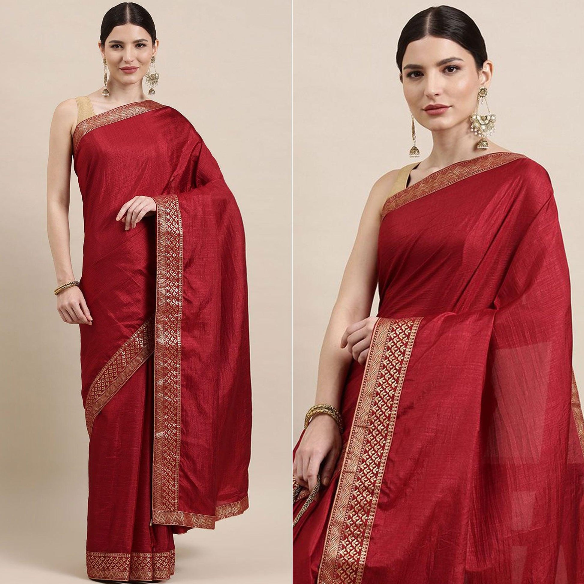 Maroon Solid With Woven Border Vichitra Silk Saree