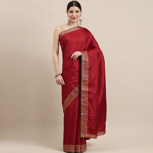 Maroon Solid With Woven Border Vichitra Silk Saree