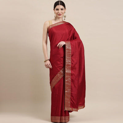 Maroon Solid With Woven Border Vichitra Silk Saree