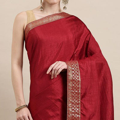 Maroon Solid With Woven Border Vichitra Silk Saree