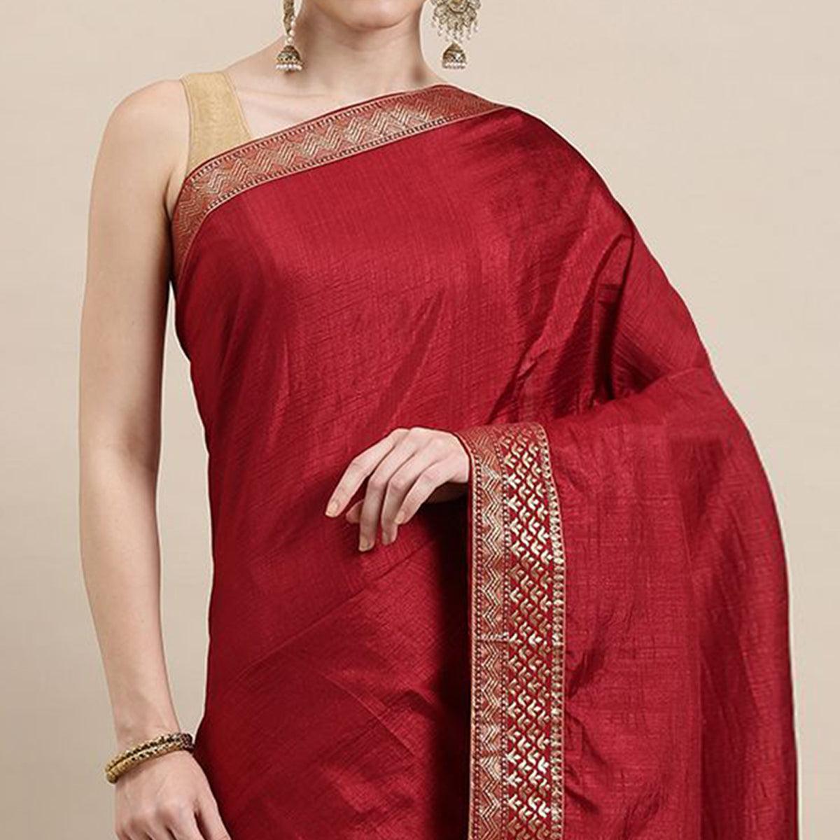 Maroon Solid With Woven Border Vichitra Silk Saree