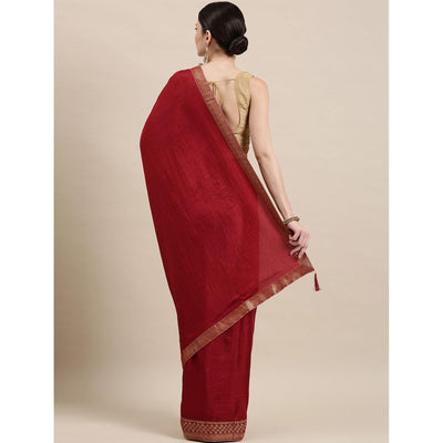 Maroon Solid With Woven Border Vichitra Silk Saree